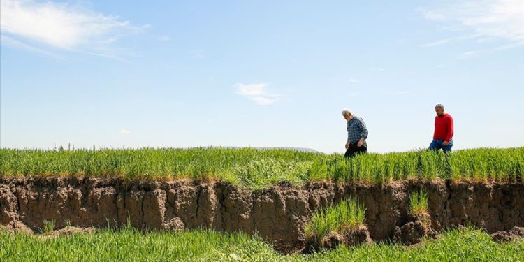 Deprem nedeniyle arazilerde 2 metreyi bulan çökmeler çiftçileri zorluyor