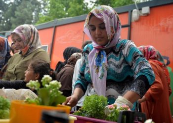 Kahramanmaraş'ta konteyner kentte kalan kadınlar çiçek dikti