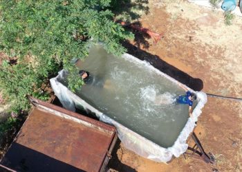 Diyarbakırlı çiftçi sıcaktan bunalan çocukları için traktörünün römorkunu havuza çevirdi