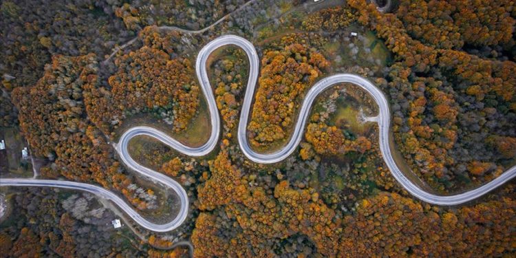 Domaniç Dağları'ndaki kıvrımlı yollar sonbaharın renkleriyle buluştu